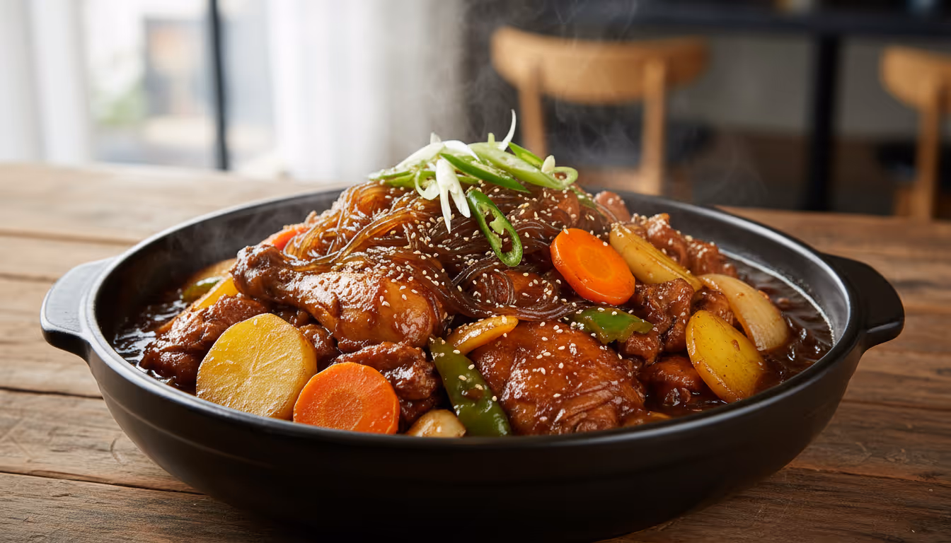 윤기 나는 갈색 간장 소스에 닭고기와 당면, 채소가 들어간 안동찜닭