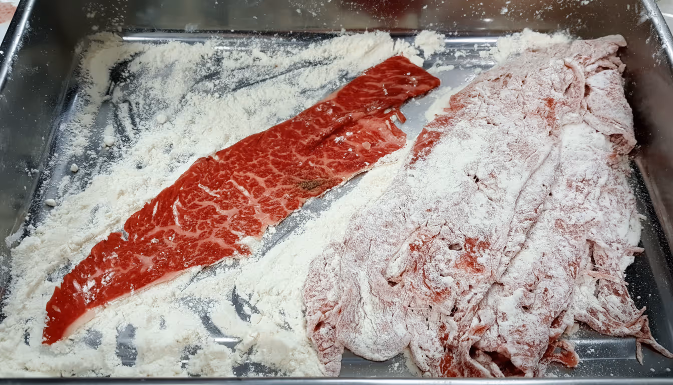 밀가루를 묻힌 소고기 조각들