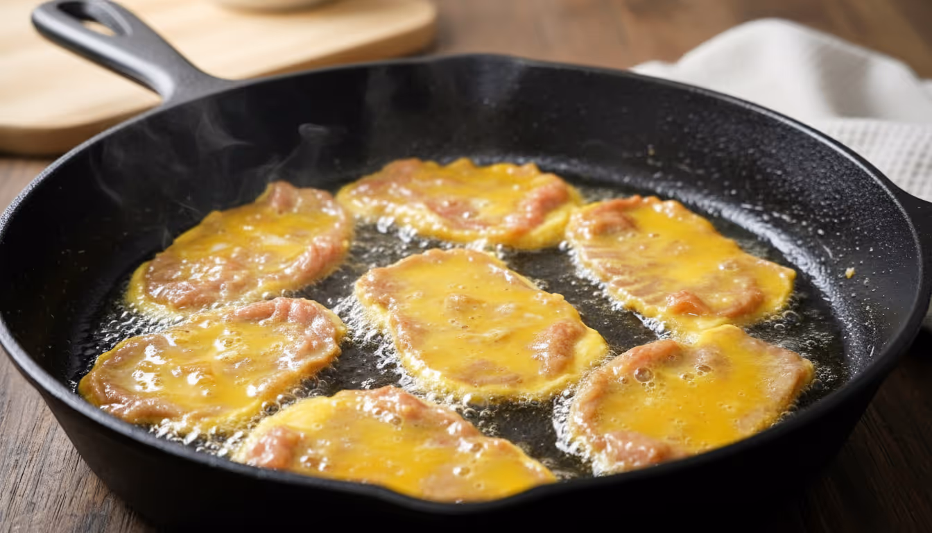 계란물에 고기를 담그는 모습