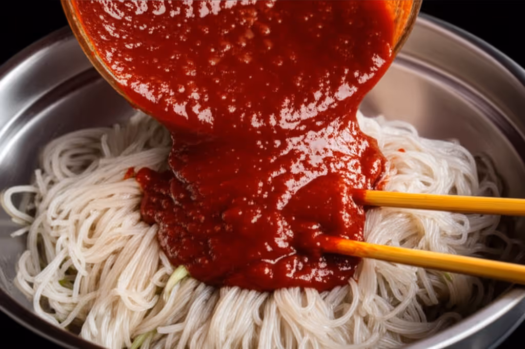 면에 양념장 비비기