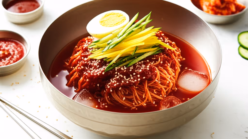 매콤한 빨간 양념장에 버무린 비빔냉면에 오이, 무, 삶은 달걀을 올린 모습