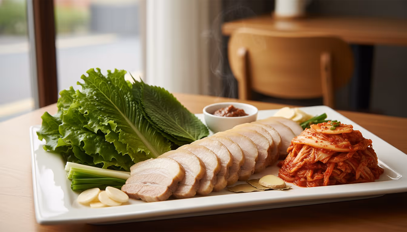 하얀 접시에 담긴 부드러운 삼겹살 수육과 김치