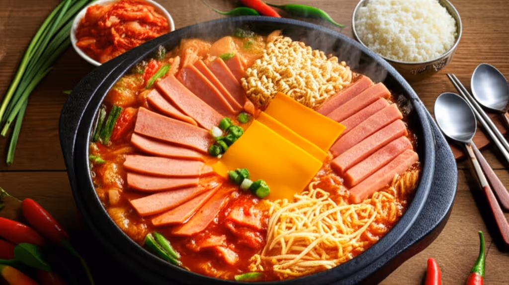 빨간 국물에 스팸, 소시지, 라면, 치즈가 푸짐하게 담긴 부대찌개