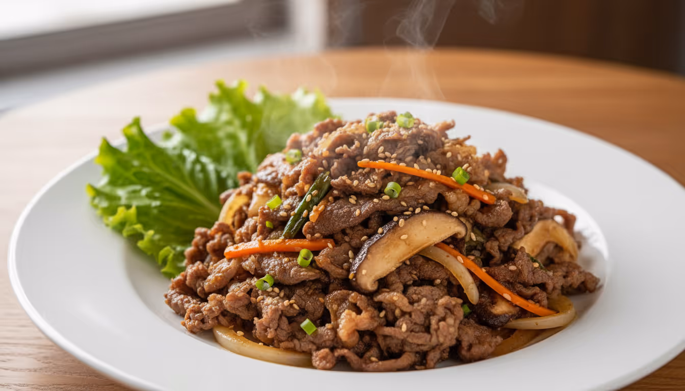 접시에 담긴 윤기나는 소불고기와 채소