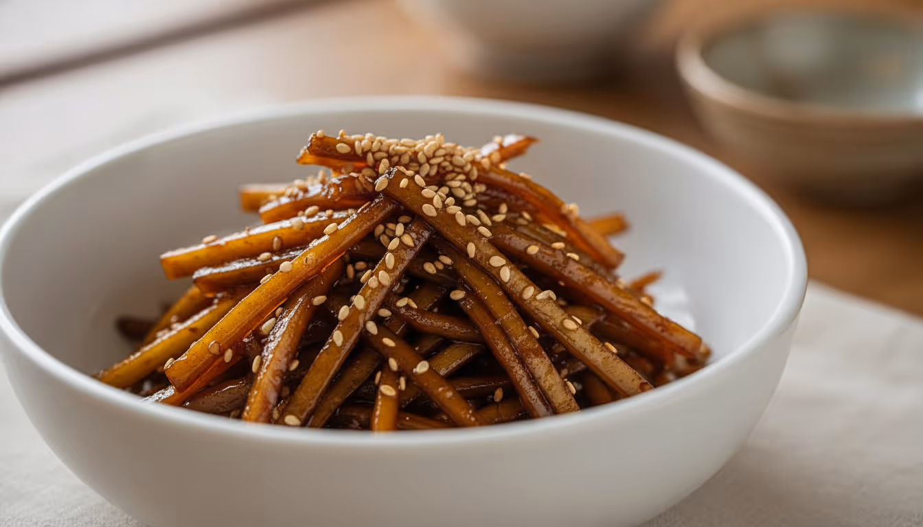 윤기 나는 갈색 우엉조림에 참깨가 뿌려진 모습