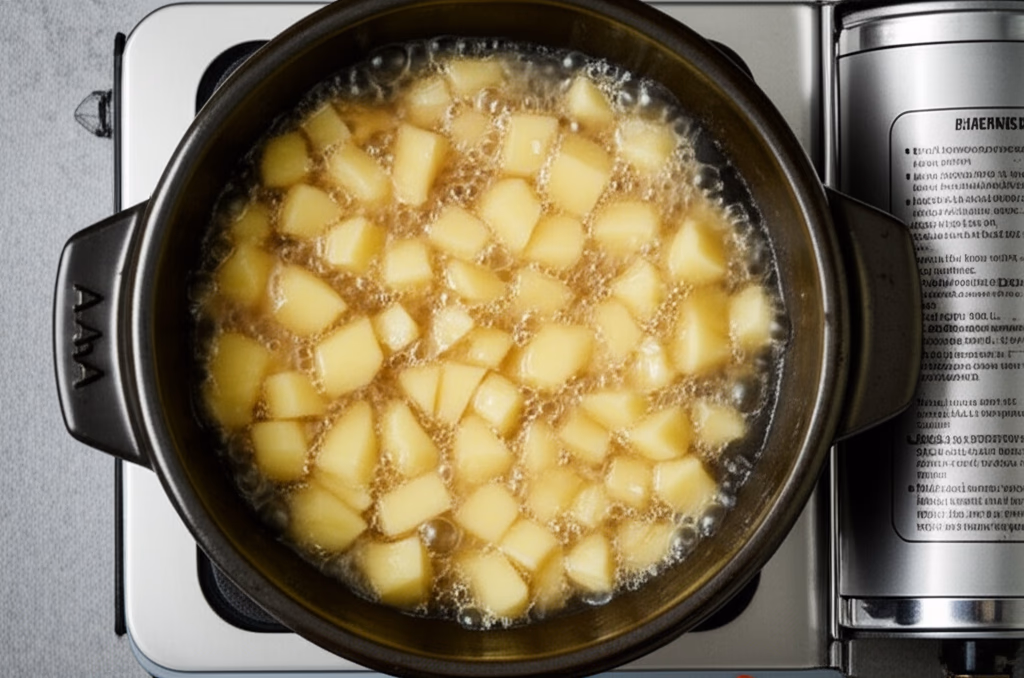 육수에서 끓고 있는 감자