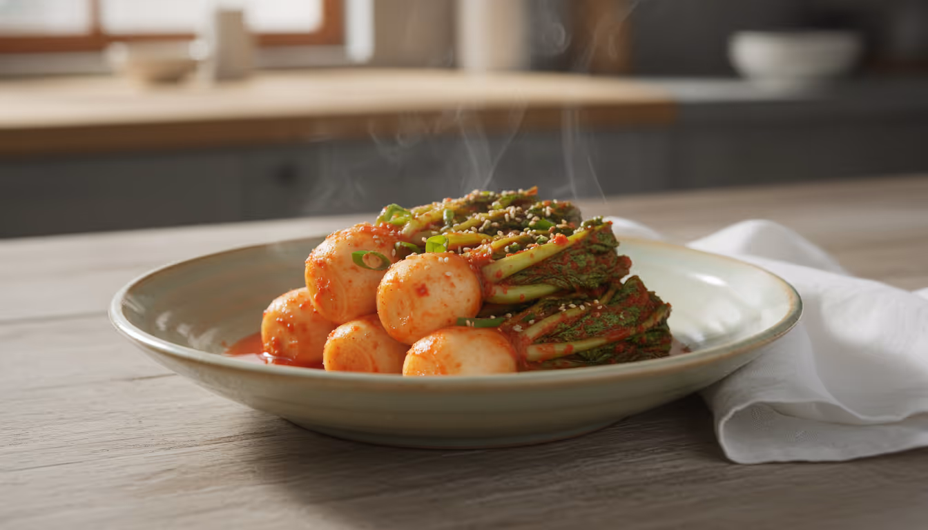 빨간 양념에 윤기나는 총각무와 싱싱한 무청이 담긴 총각김치