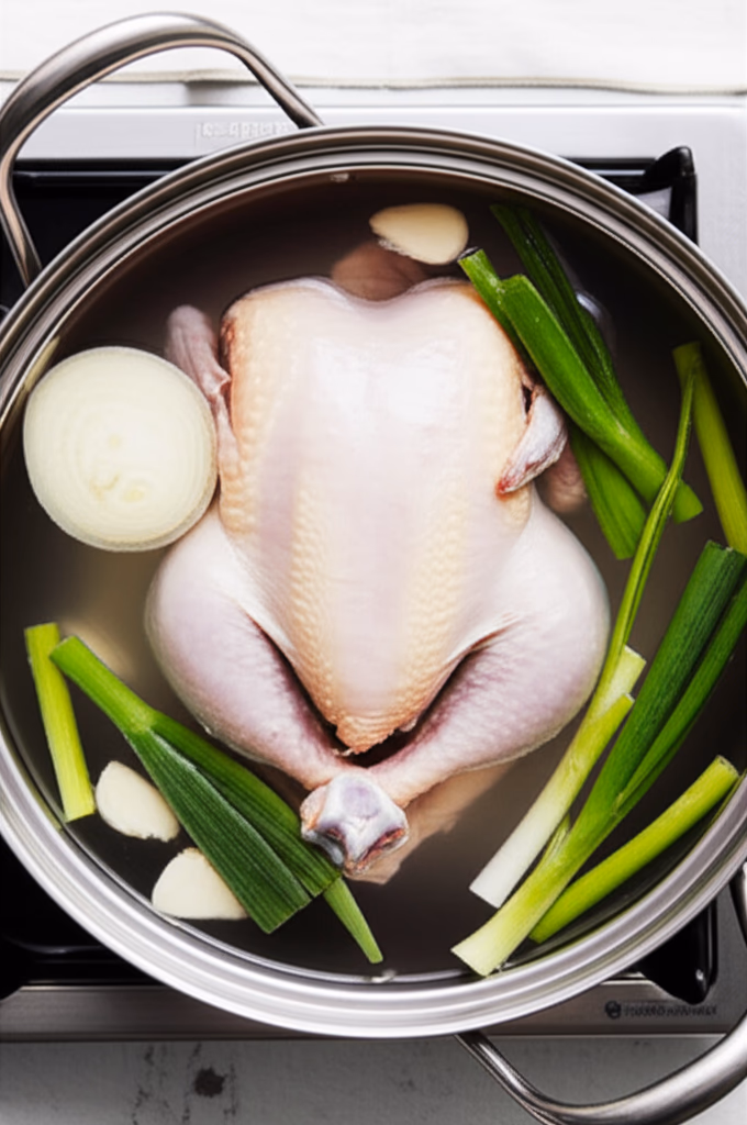 냄비에 닭과 채소를 넣고 끓이기 시작