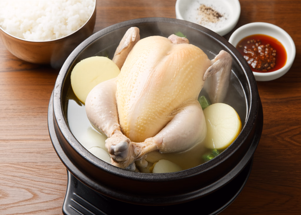 뚝배기에 담긴 닭백숙과 쪽파