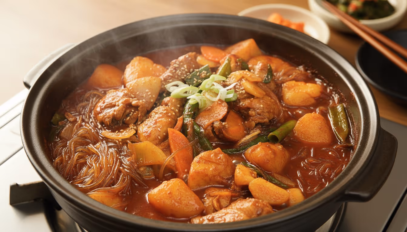 빨간 양념에 닭고기와 감자가 들어간 닭볶음탕