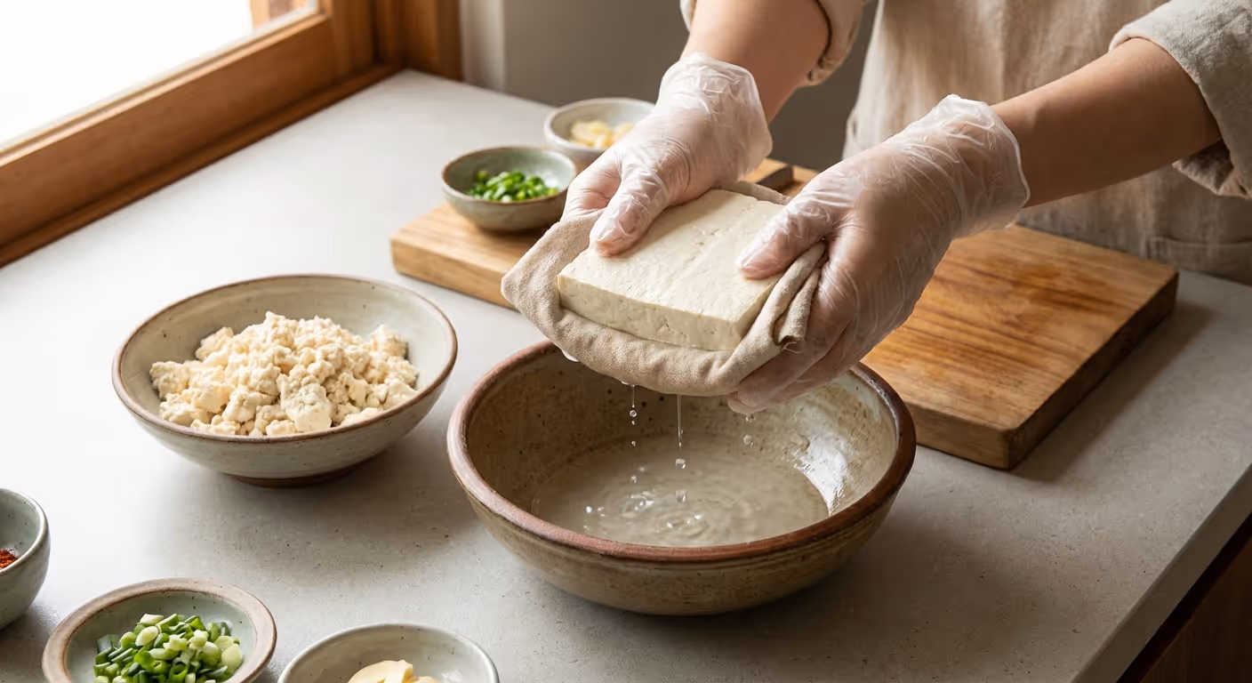 면포로 두부의 물기를 짜는 모습