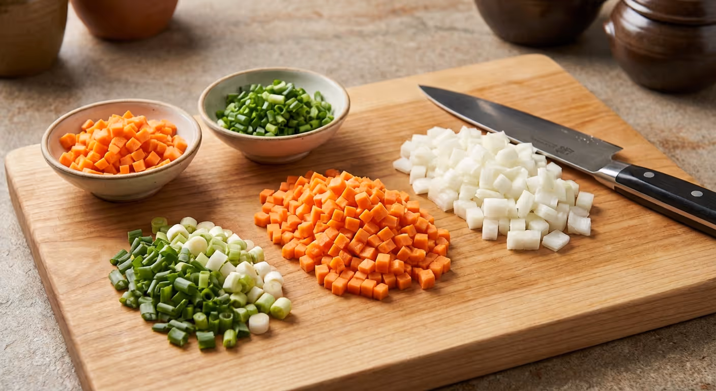 도마 위에 곱게 다진 당근, 양파, 대파