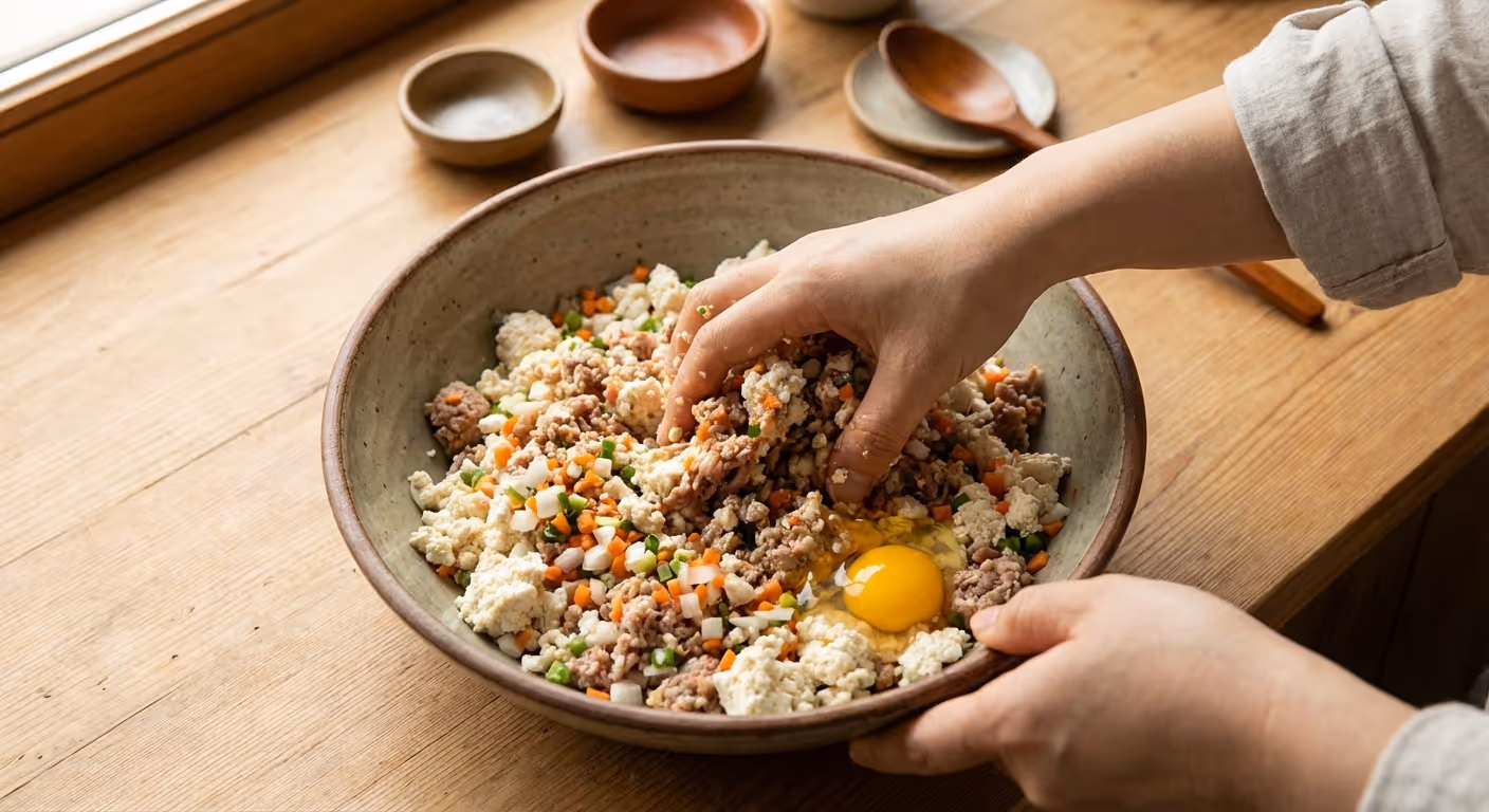 볼에서 두부, 고기, 채소를 섞어 반죽을 만드는 모습