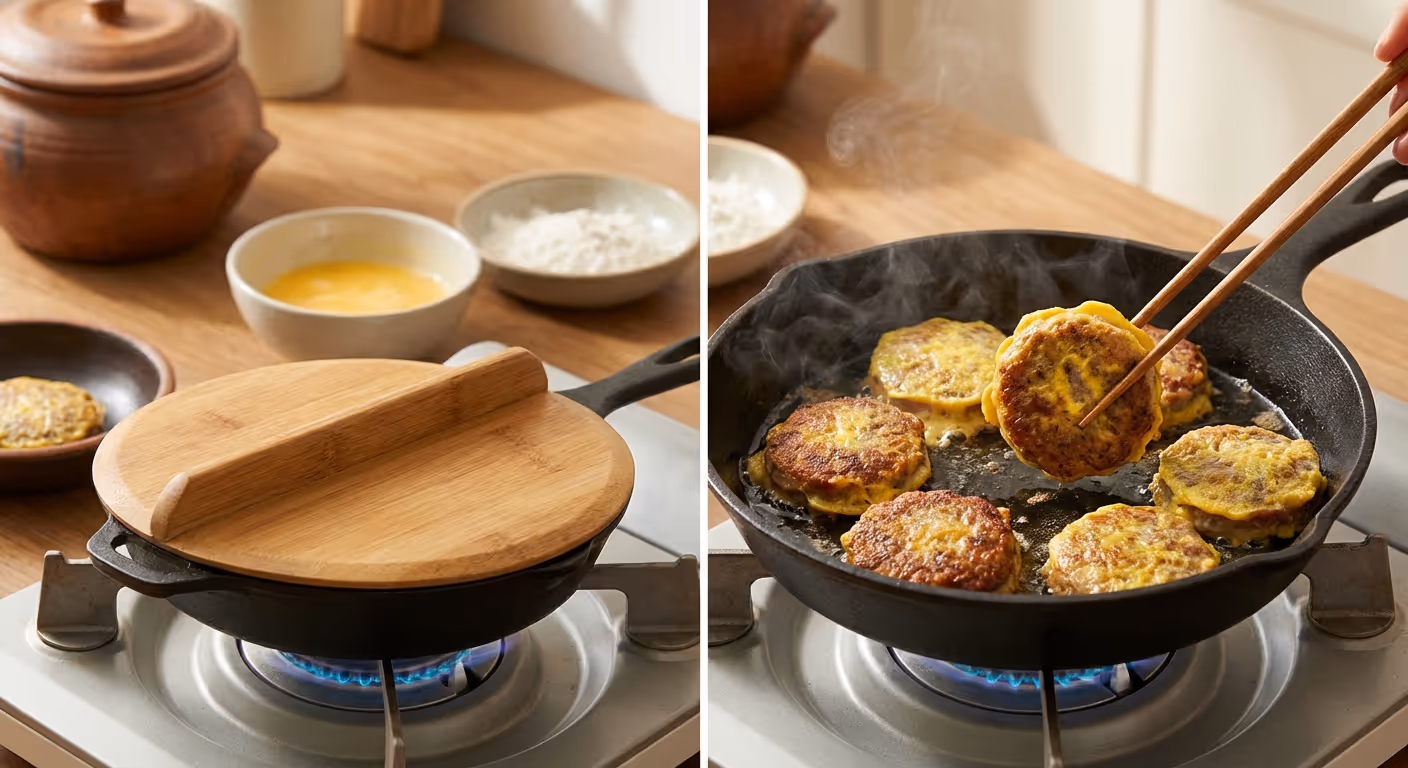 팬에서 노릇하게 구워지는 동그랑땡