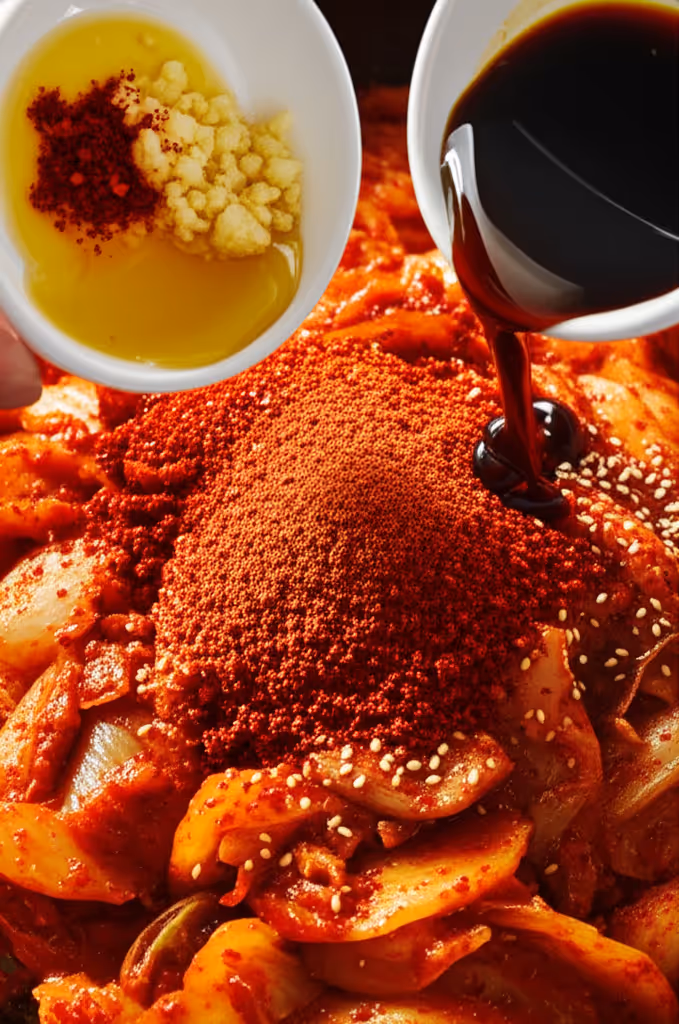 김치에 양념을 넣고 볶는 모습