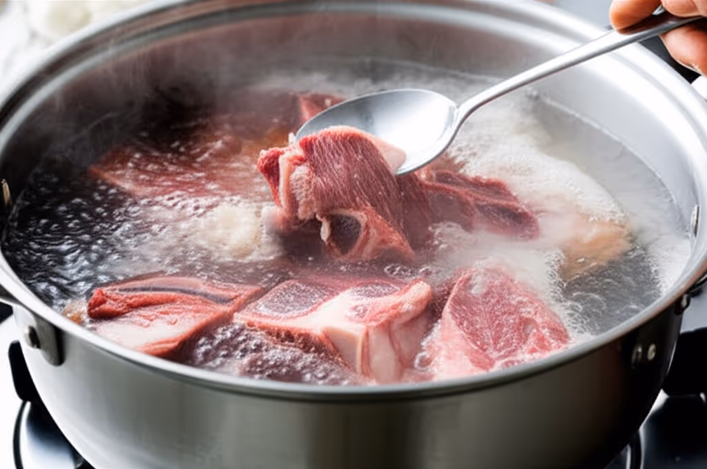 냄비에서 데쳐지는 갈비