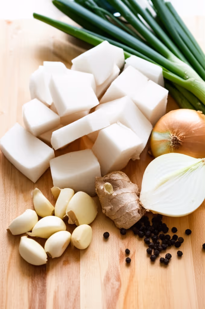 육수 재료들 - 무, 대파, 마늘, 생강