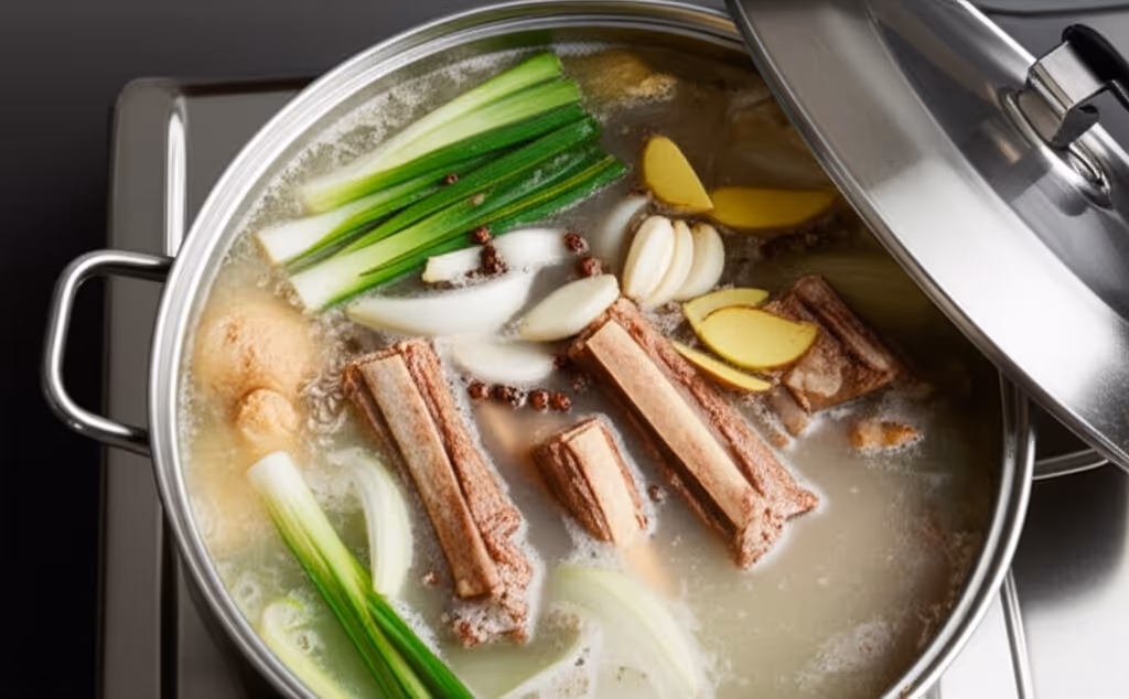 냄비에서 끓고 있는 갈비탕