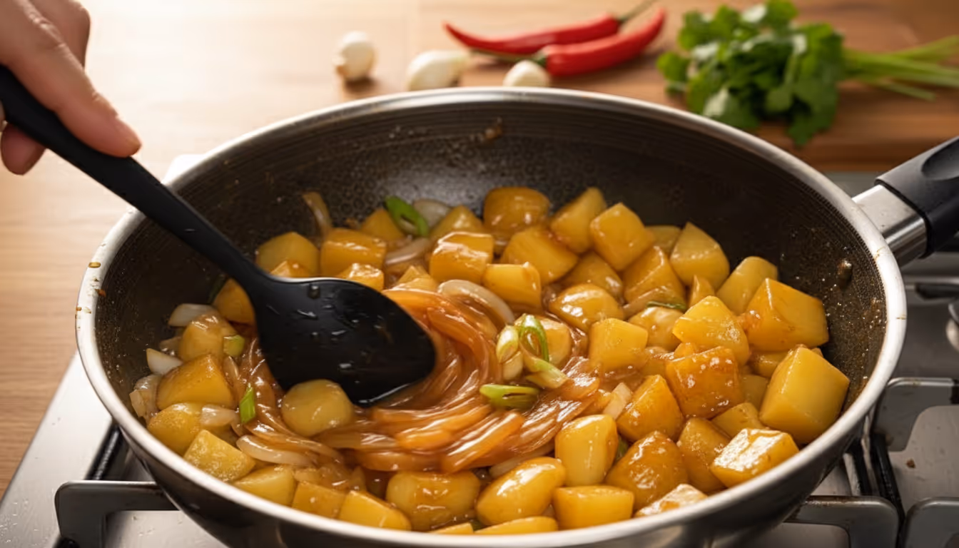 양념을 섞고 있는 감자조림