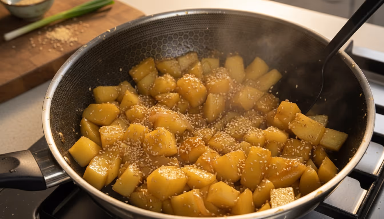 통깨를 뿌려 완성된 감자조림