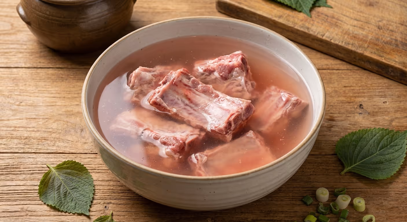 찬물에 담가 핏물을 빼고 있는 돼지 등뼈