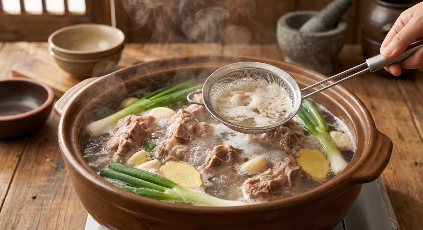 끓는 물에 등뼈를 데치며 거품을 걷어내는 모습