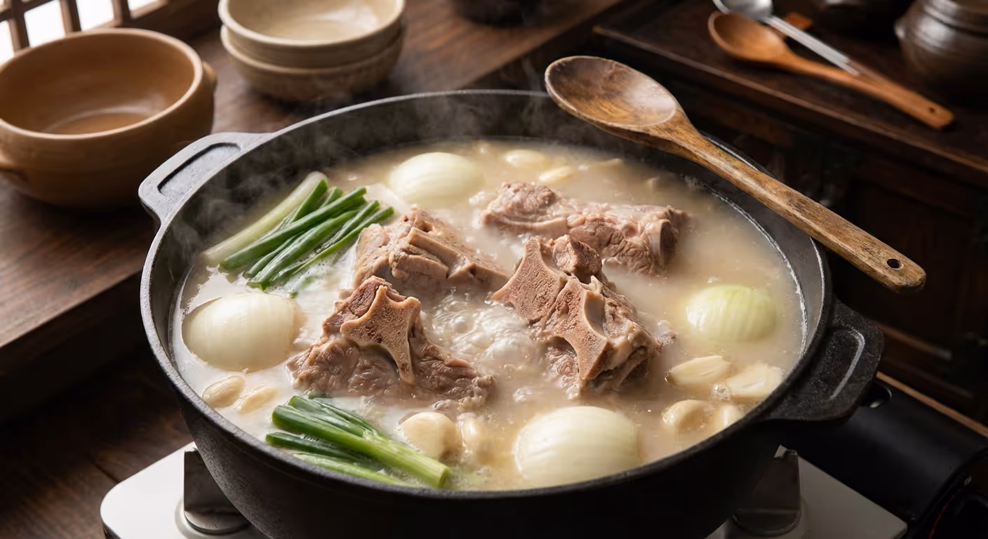 등뼈와 채소를 넣고 육수를 끓이는 모습