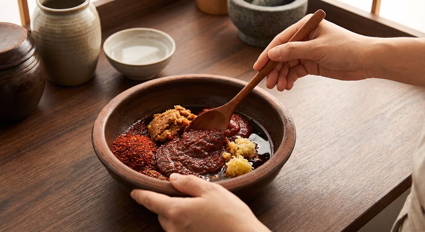 볼에 각종 양념을 섞어 양념장을 만드는 모습