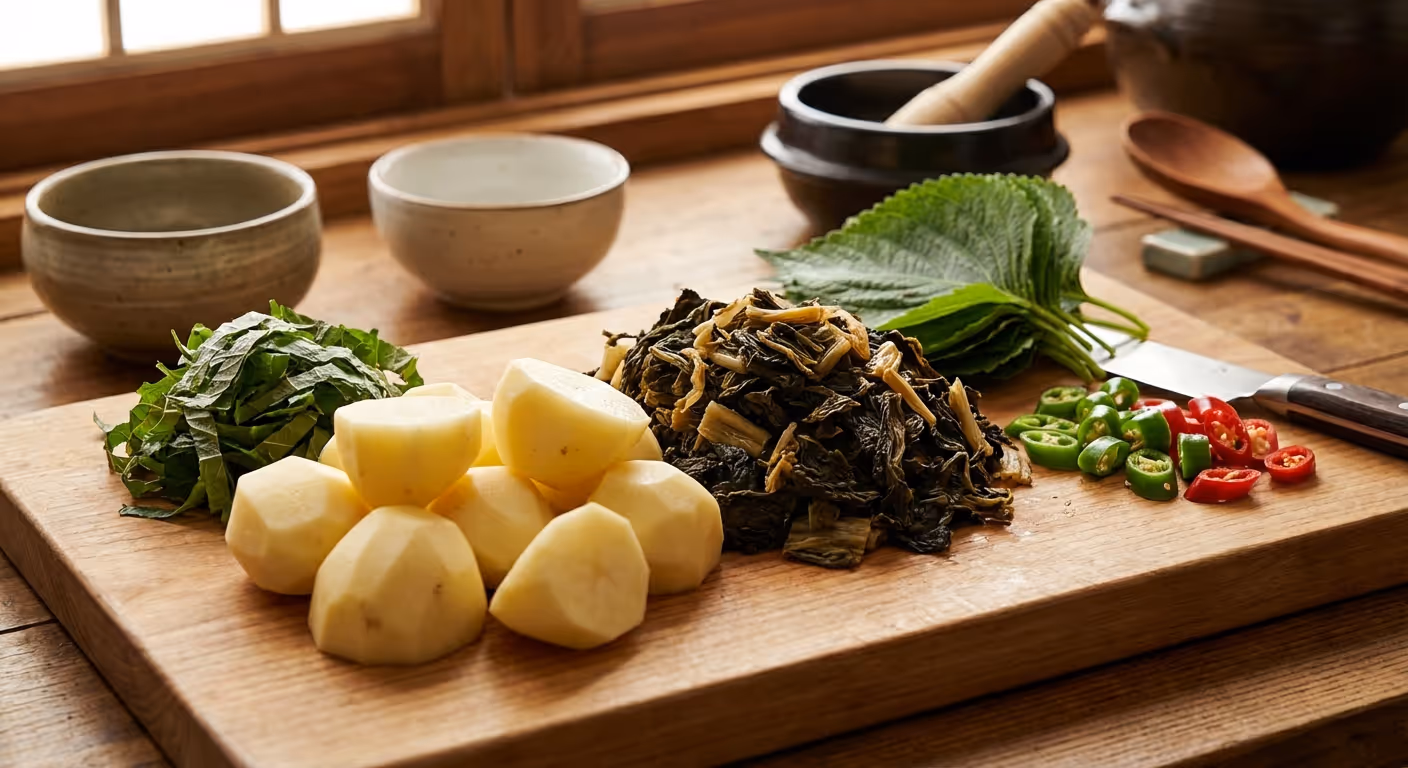 큼직하게 썬 감자와 우거지, 깻잎, 고추