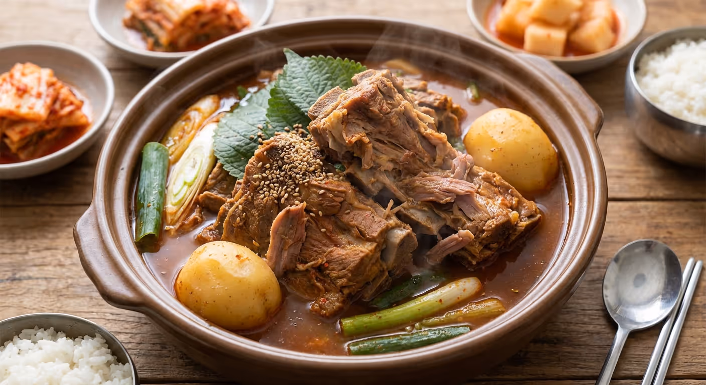 뚝배기에 담긴 뜨끈한 감자탕, 부드러운 돼지 등뼈와 감자가 가득