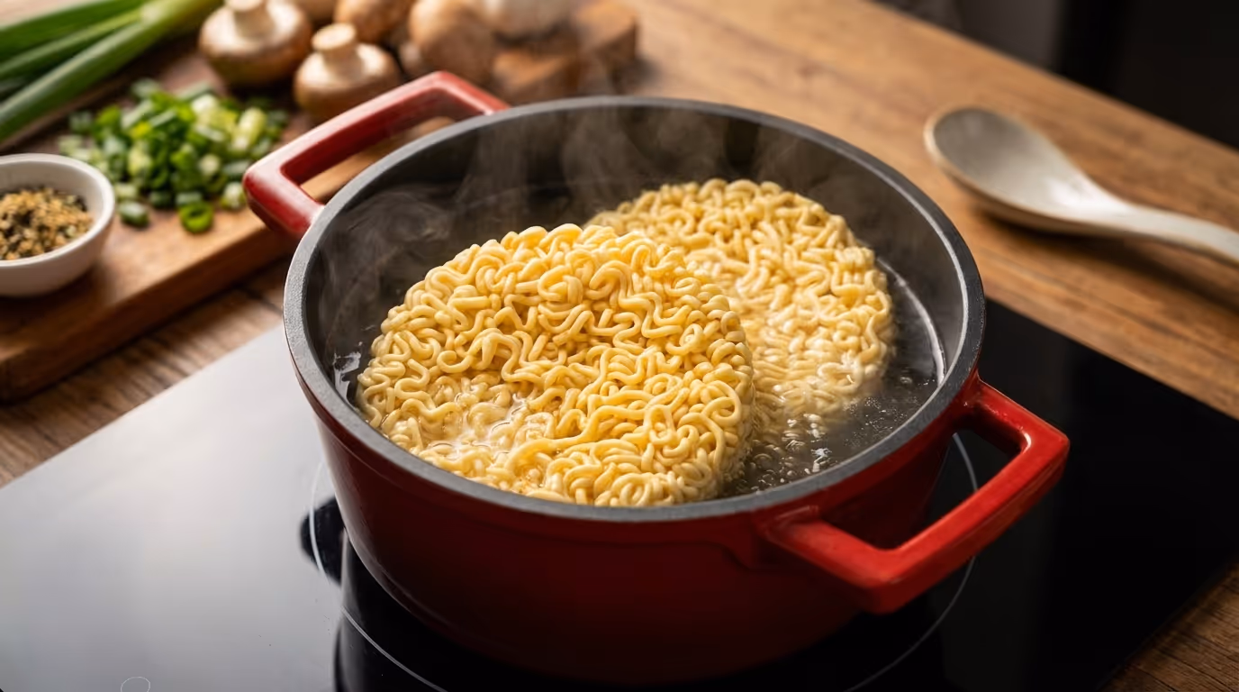 끓는 물에 면을 삶는 모습