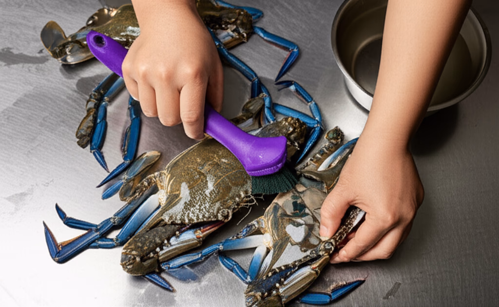 꽃게를 솔로 씻는 모습