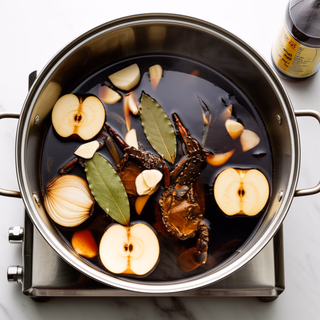 냄비에 간장 소스 재료 끓이기