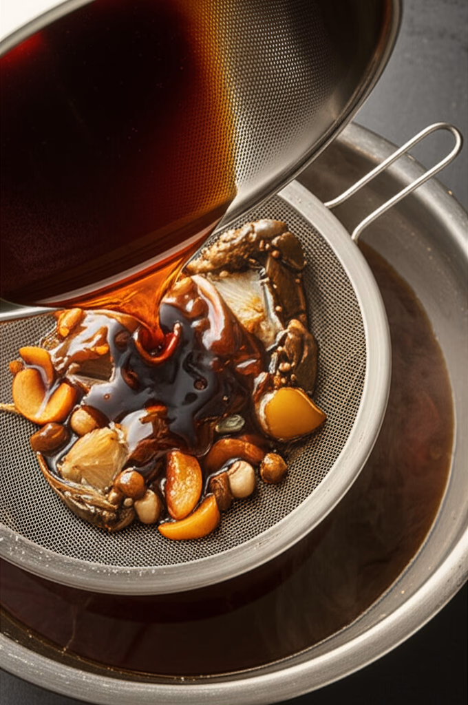 간장 소스 체에 거르기