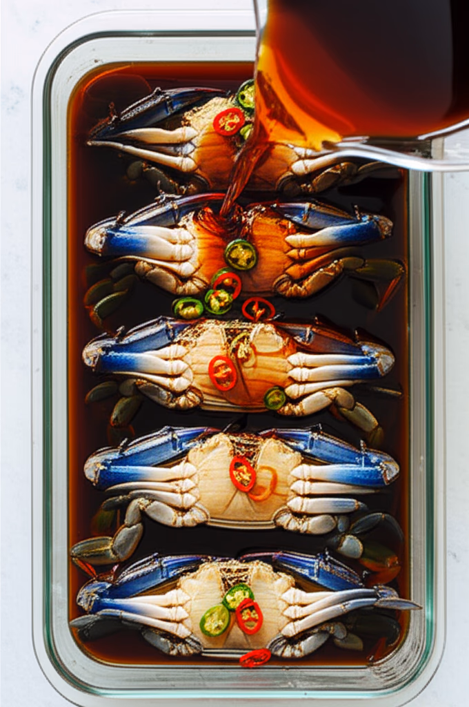 용기에 게와 간장 담기