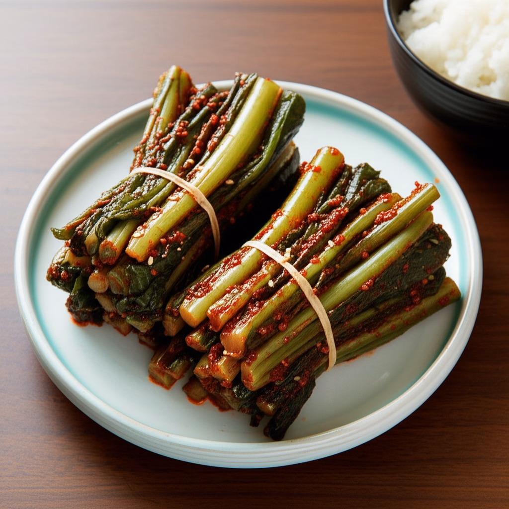 빨간 양념이 버무려진 갓김치