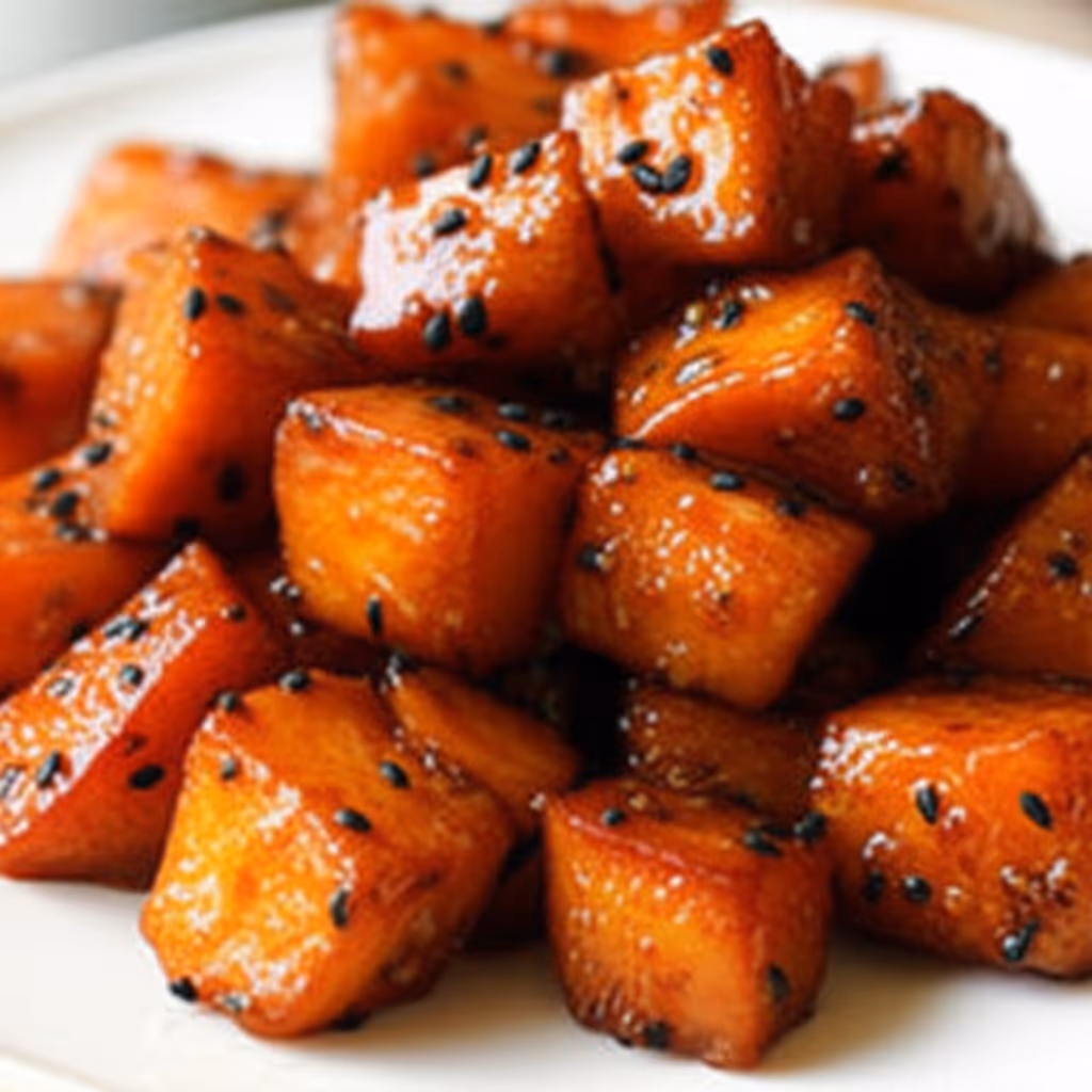 윤기 나는 꿀 시럽이 코팅된 황금빛 고구마맛탕