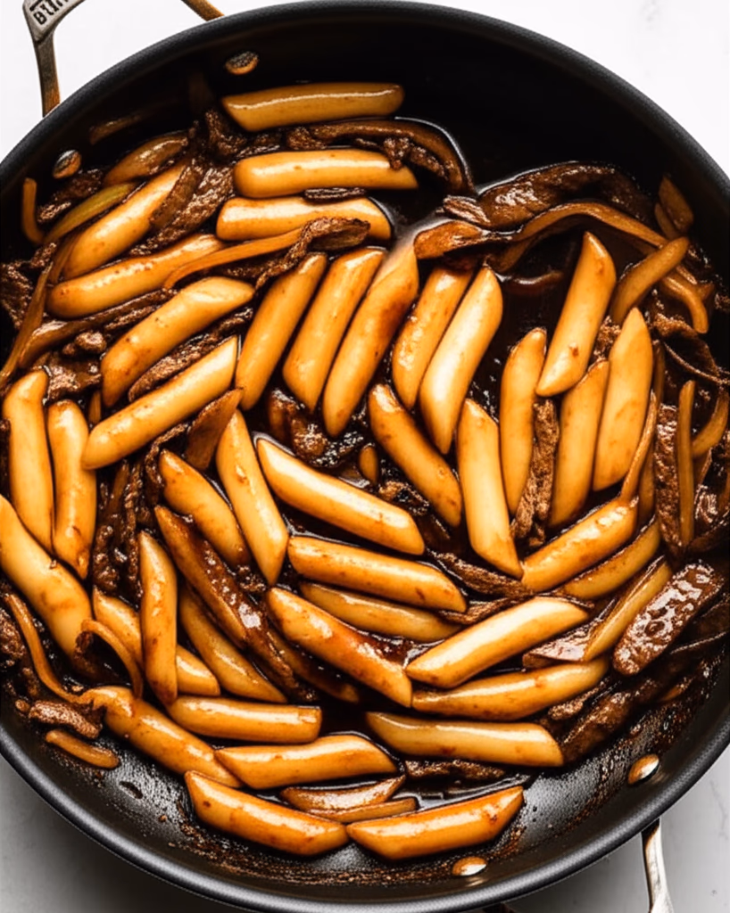 떡과 재료를 함께 볶는 모습