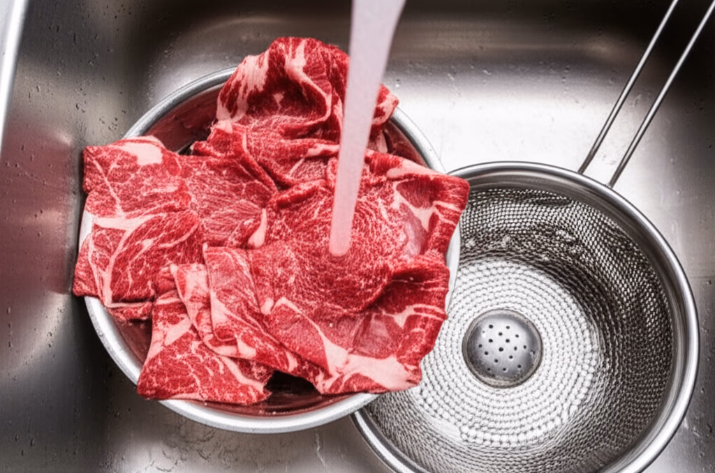 얇게 저민 소고기를 물에 헹구는 모습