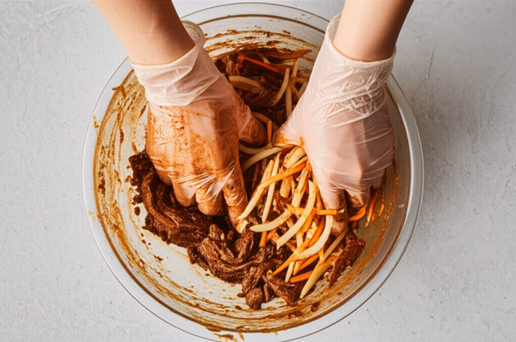 고기에 양념을 버무리는 모습