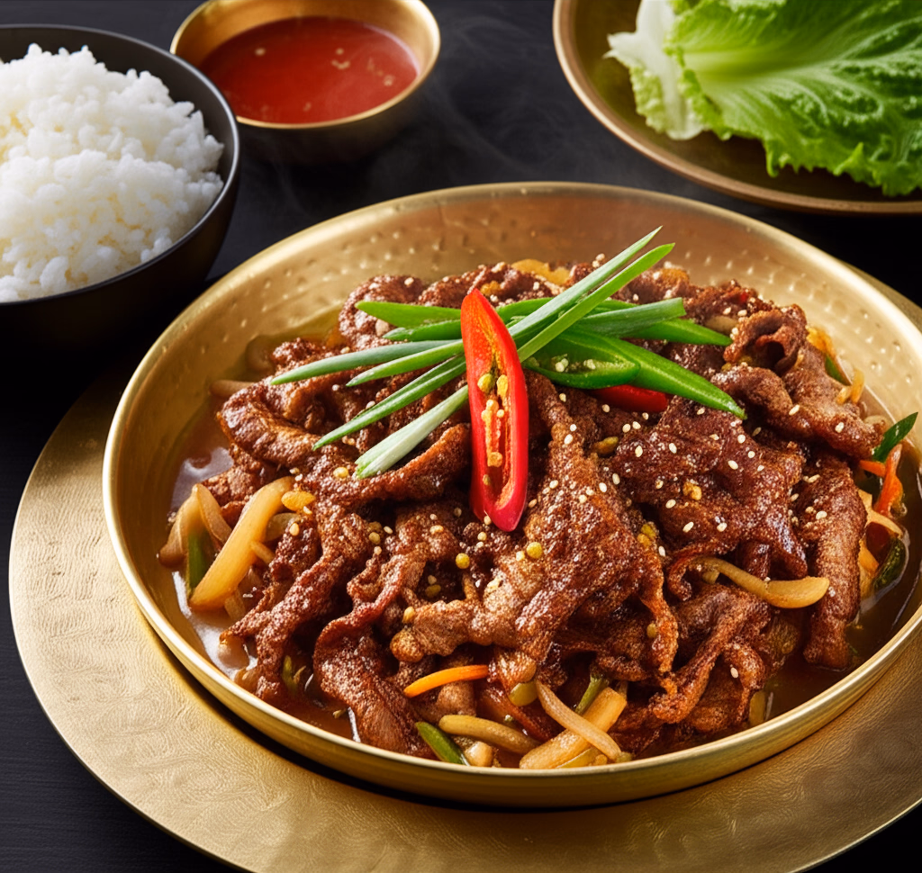 전통 방식으로 조리한 윤기 나는 불고기와 채소