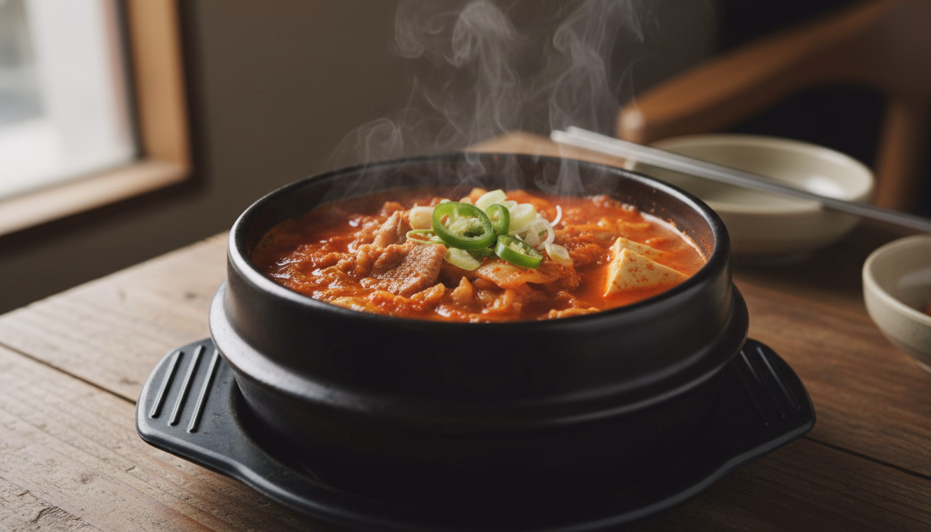 빨간 국물에 김치와 돼지고기, 두부가 들어간 뜨거운 김치찌개