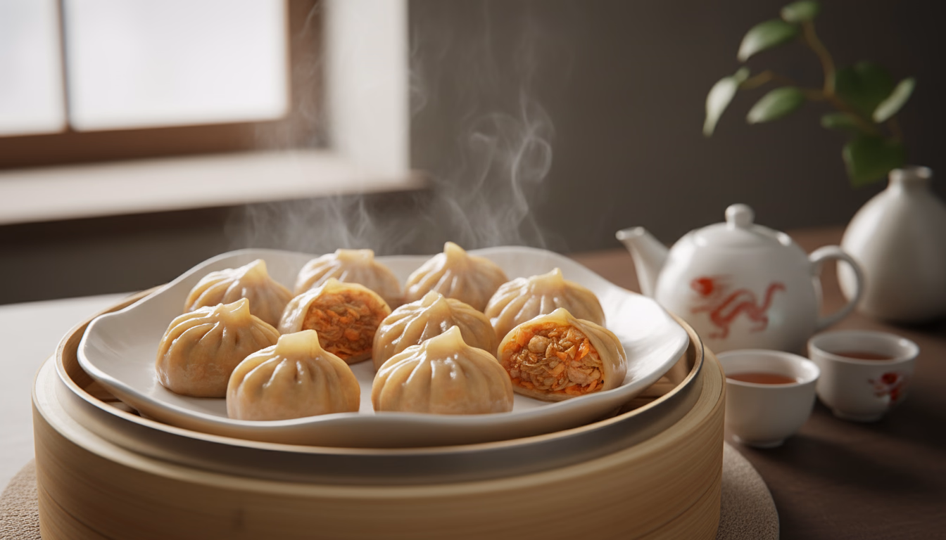 대나무 찜기에 담긴 갓 만든 김치만두