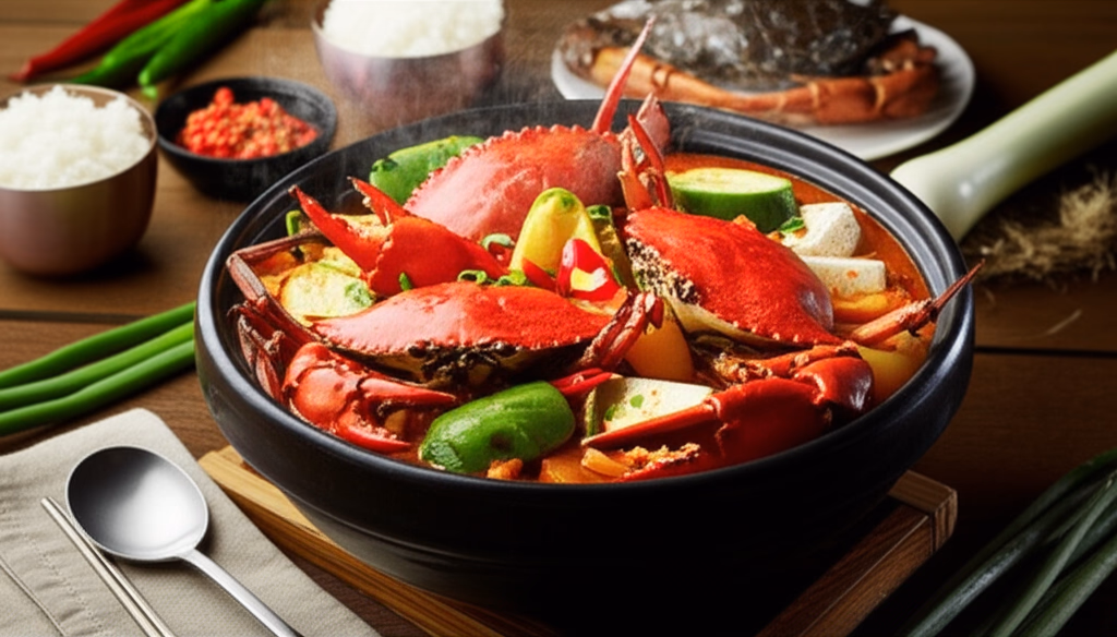 빨간 국물에 통꽃게와 채소가 들어간 시원한 꽃게탕