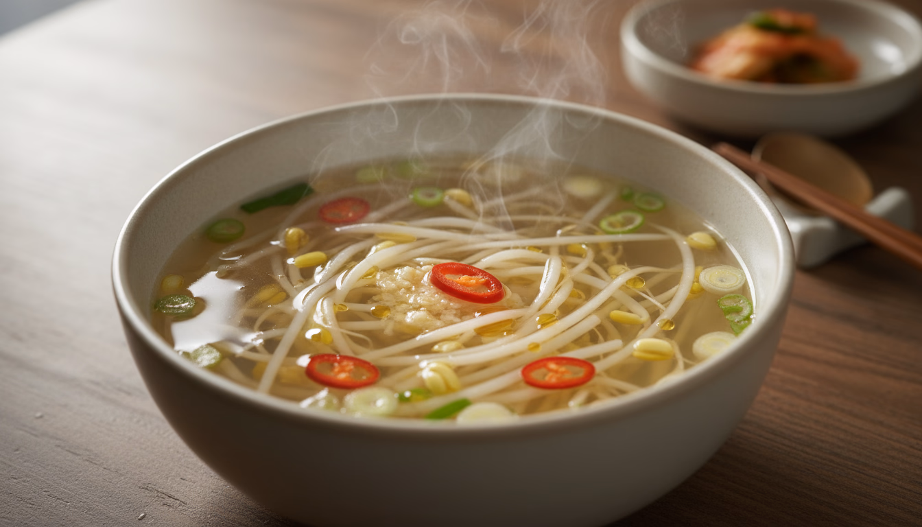 맑은 국물에 하얀 콩나물이 담긴 개운한 콩나물국