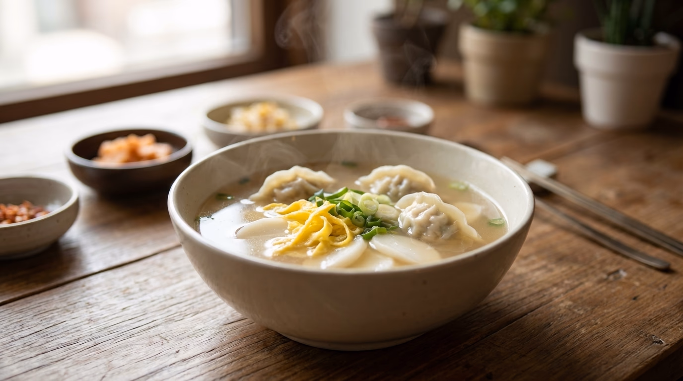 맑은 육수에 만두와 달걀지단이 떠있는 따뜻한 만두국