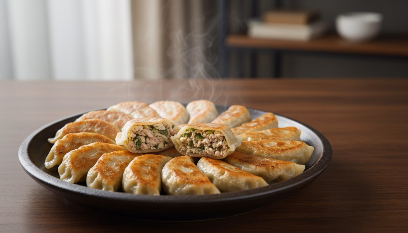 하얀 접시에 담긴 보기 좋게 빚은 만두들