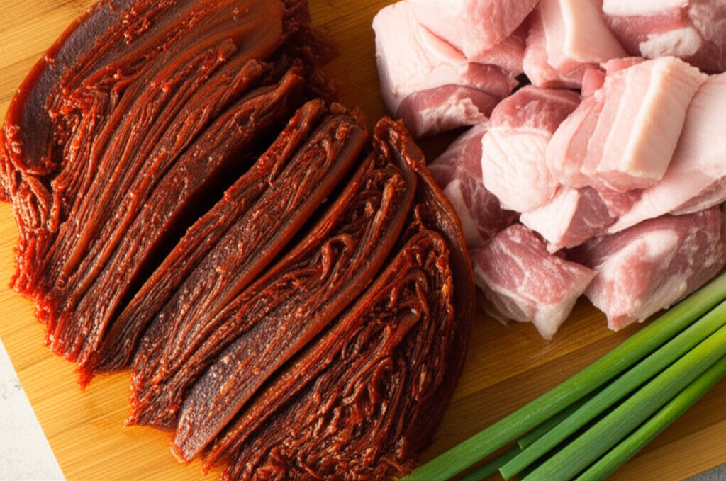 손질된 묵은지와 돼지고기