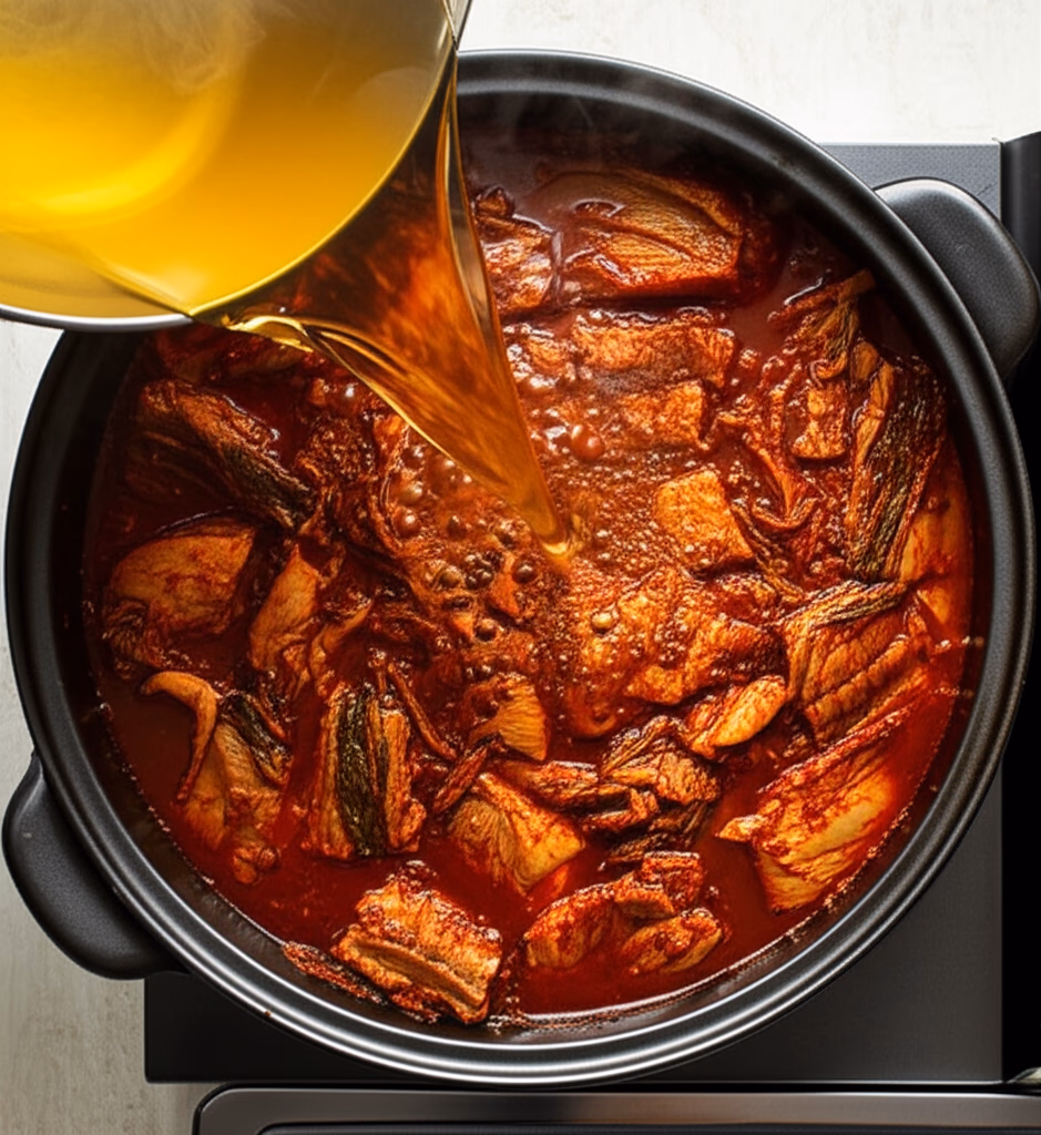 육수를 붓고 끓이기 시작