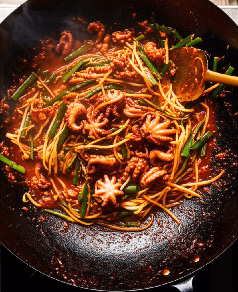 모든 재료를 함께 볶는 모습